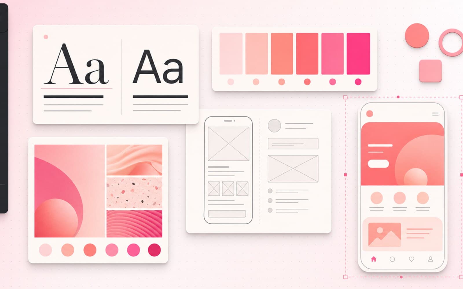 A creative designer's canvas with type specimens, a coral color palette, wireframes, and a mobile UI preview